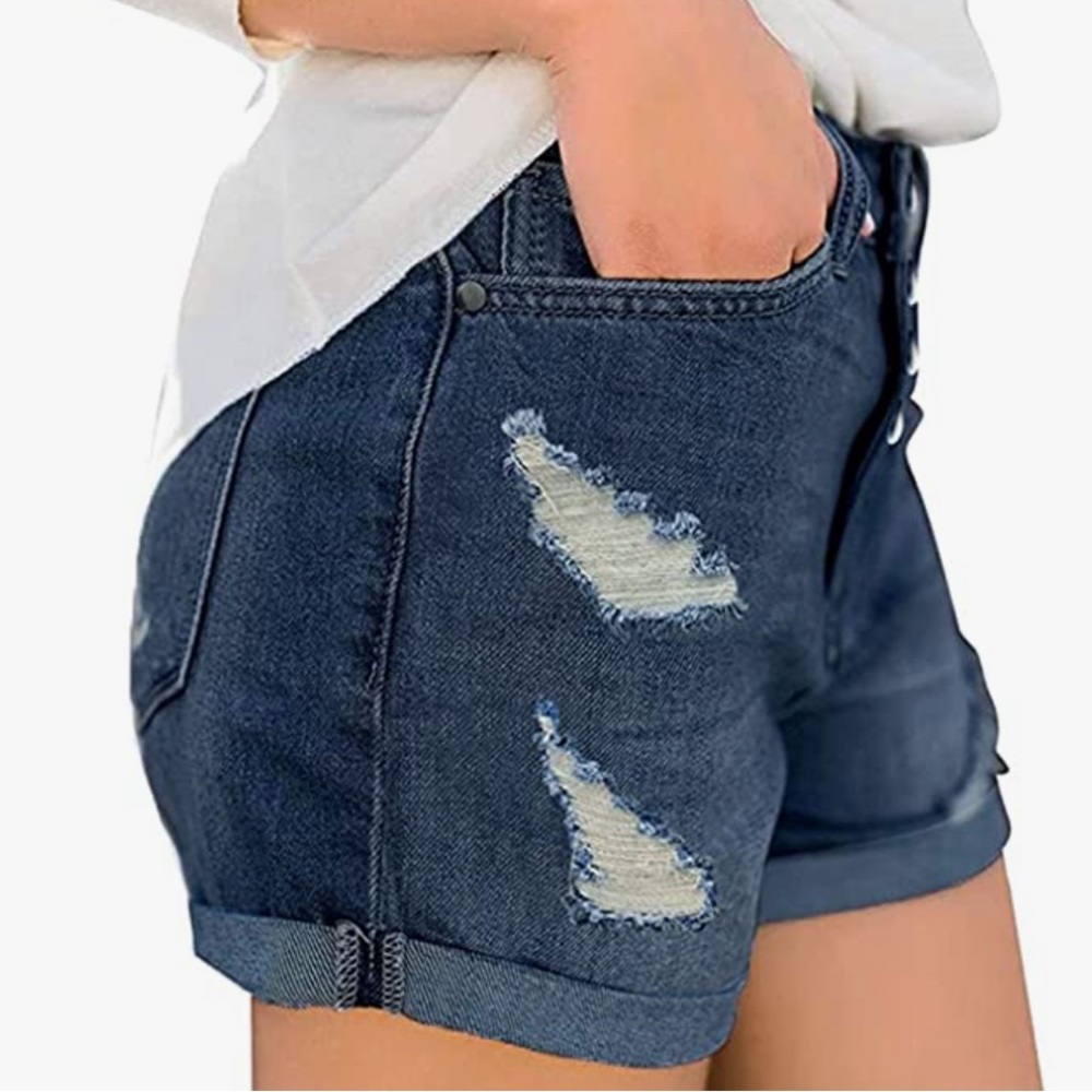 Mudd Flex Stretch High Rise Woman’s Shortie Distressed Dark Blue Jean Shorts 15 - Picture 2 of 10